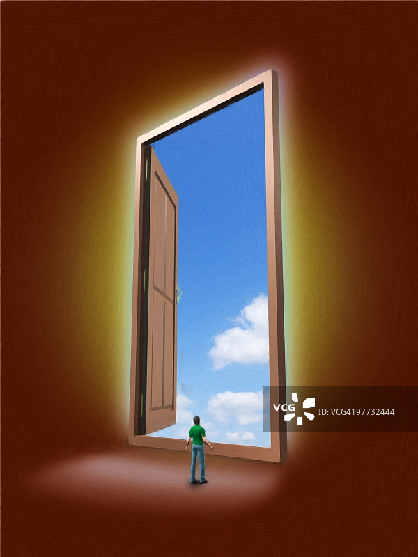 男人雕像从敞开的门向外看图片素材