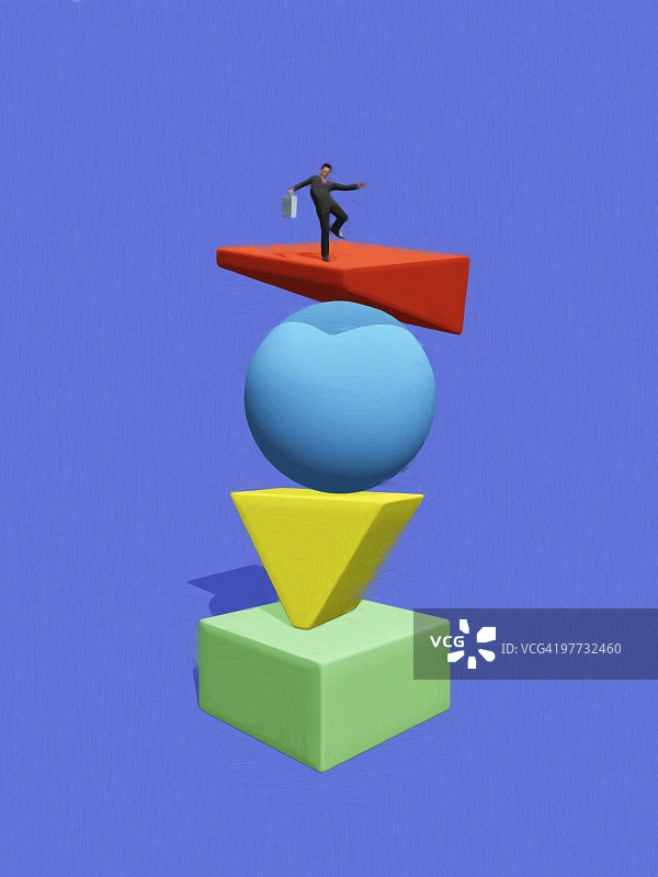 堆叠的不同形状的玩具积木和商人模型图片素材