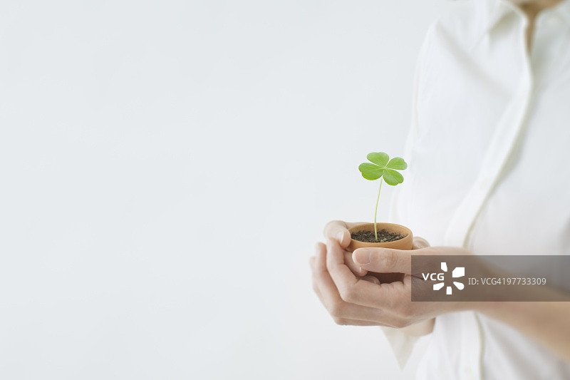 女人手持幼苗图片素材