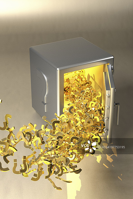 带有金色问号的铁保险箱图片素材