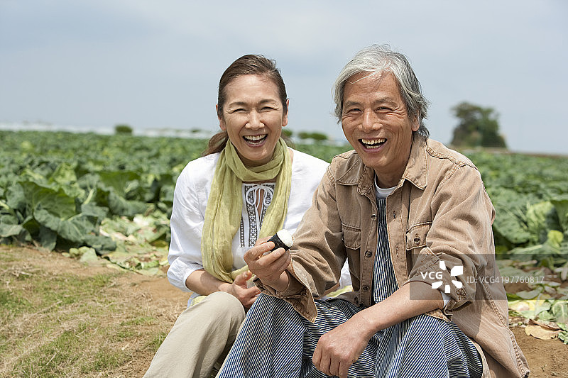 老年夫妇坐在田野上图片素材