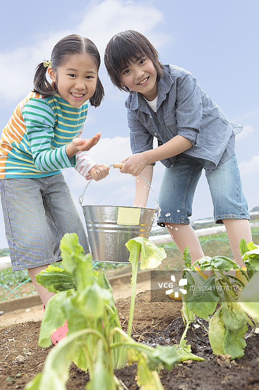 男孩和女孩在田里浇水图片素材