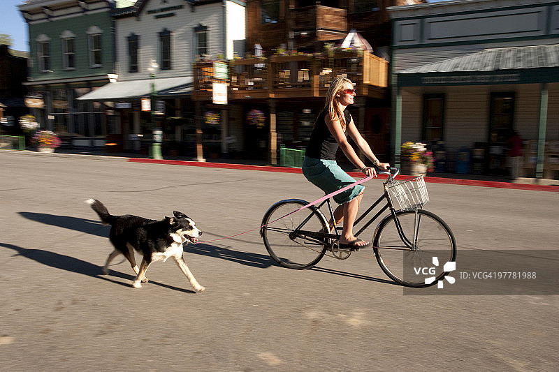 女人骑自行车在埃尔克大街上，她的狗在旁边，科罗拉多州克雷斯特德比特图片素材