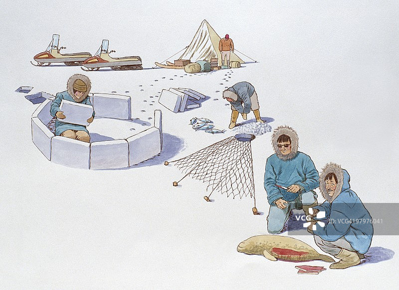 传统因纽特人狩猎方法与现代雪橇对比插画图片素材