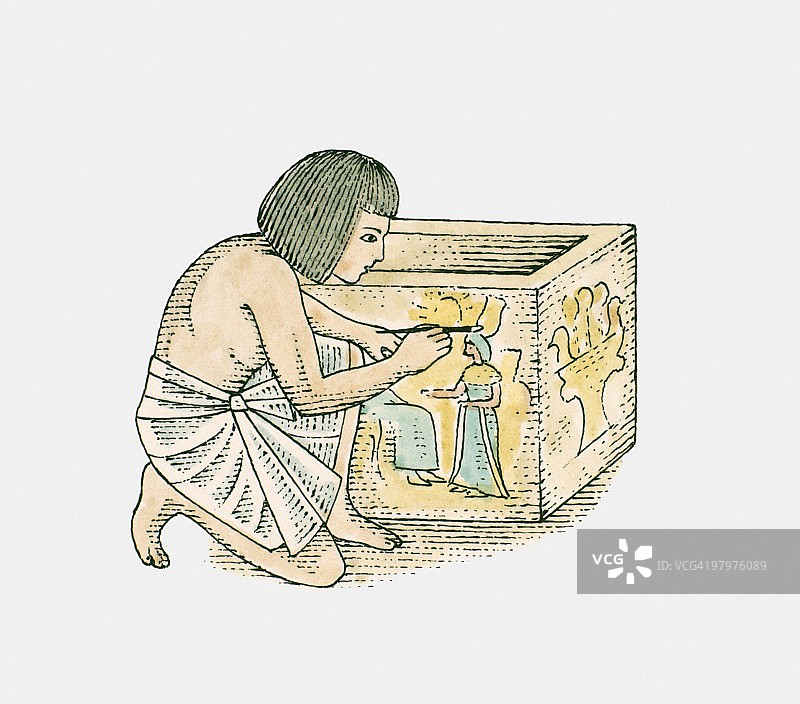 古埃及男孩在石头上绘画人物插画图片素材