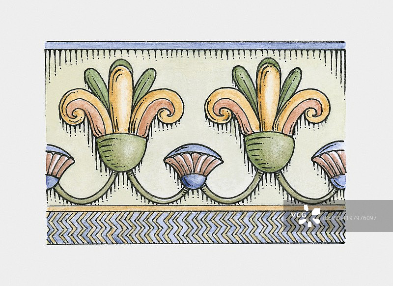 古埃及莲花和纸莎草饰带装饰插图图片素材