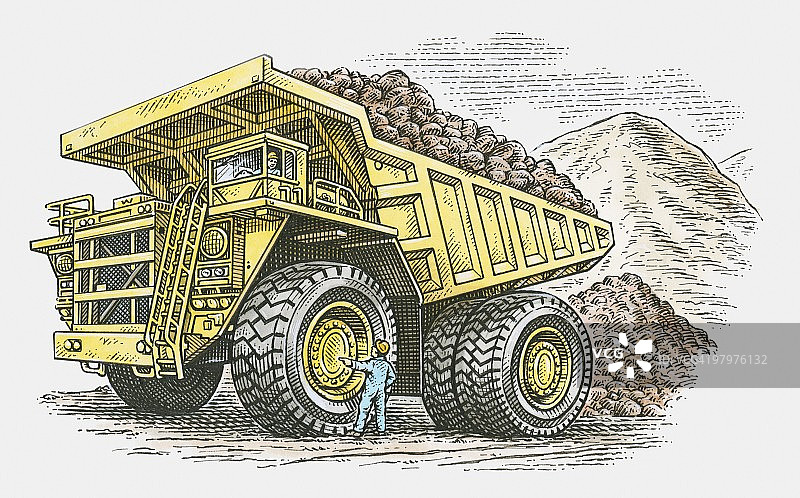 男人站在巨型自卸车车轮旁插画图片素材