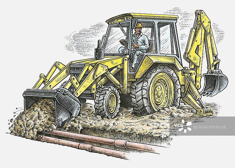 男子使用挖掘机填坑插画图片素材