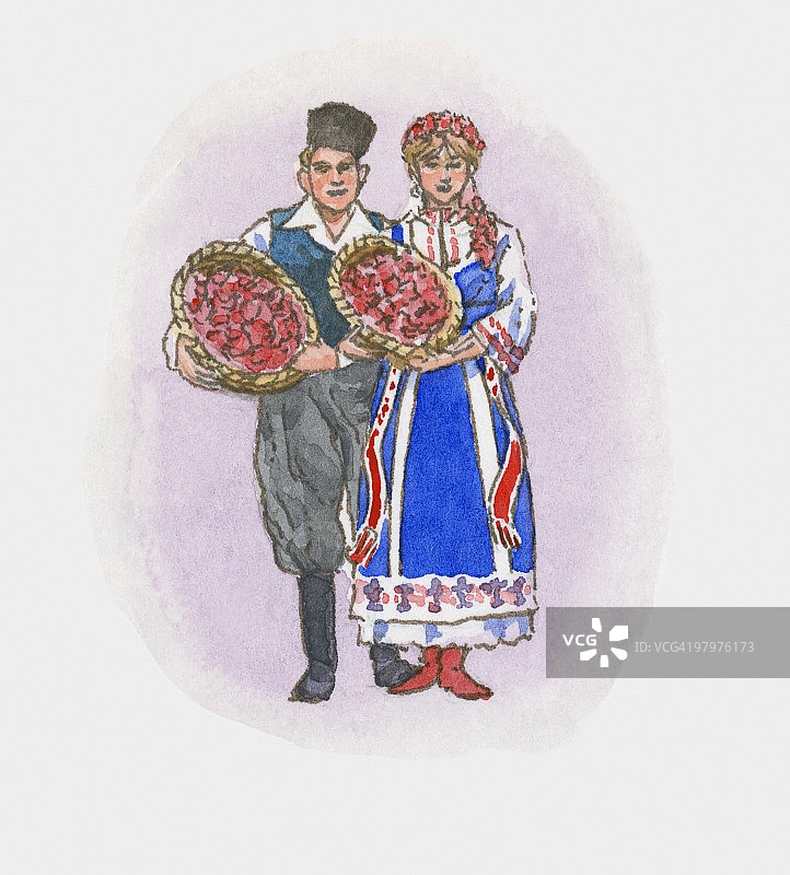 穿着传统服饰的保加利亚男女插画图片素材