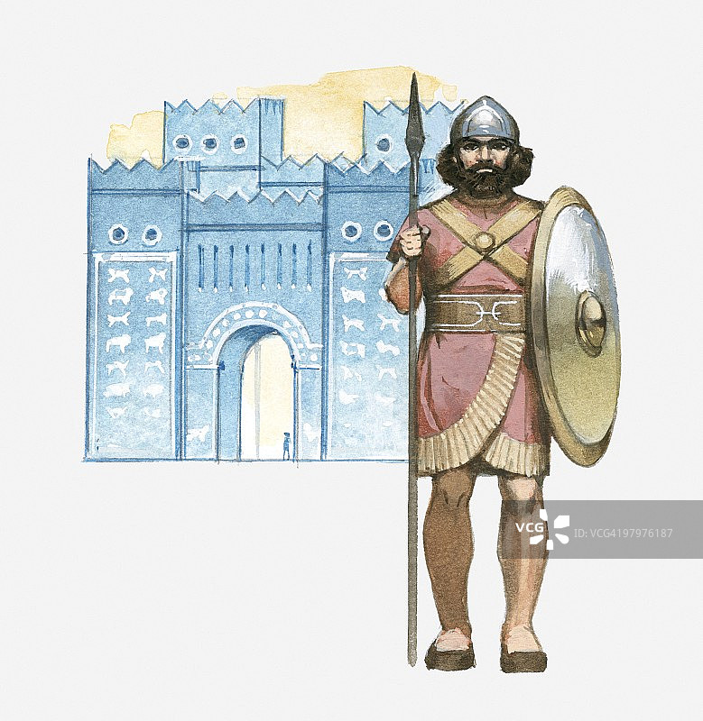 手持盾牌和长矛站在巴比伦伊什塔尔门前的迦勒底士兵插图图片素材