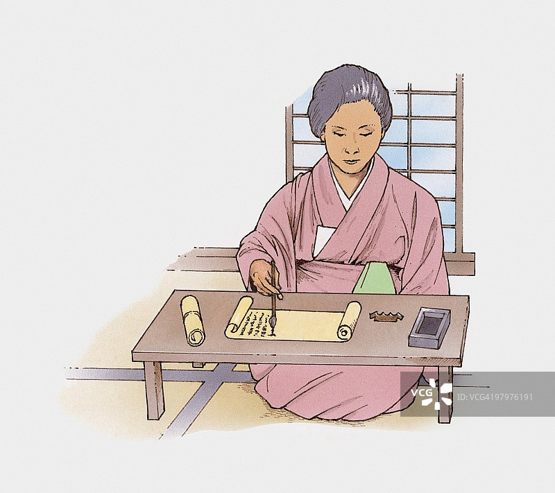 日本女子用墨笔在卷轴上书写插画图片素材