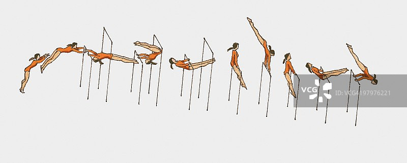 女子体操运动员在单杠上比赛的插图序列图片素材