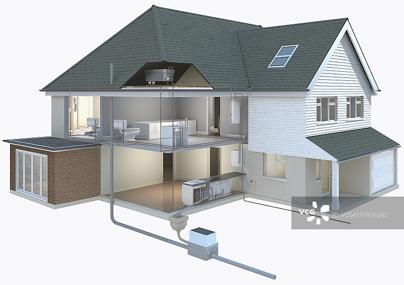 房屋及其管道系统横截面模型图片素材