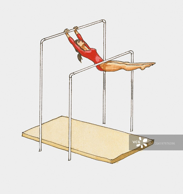 女子体操运动员在单杠上插画图片素材