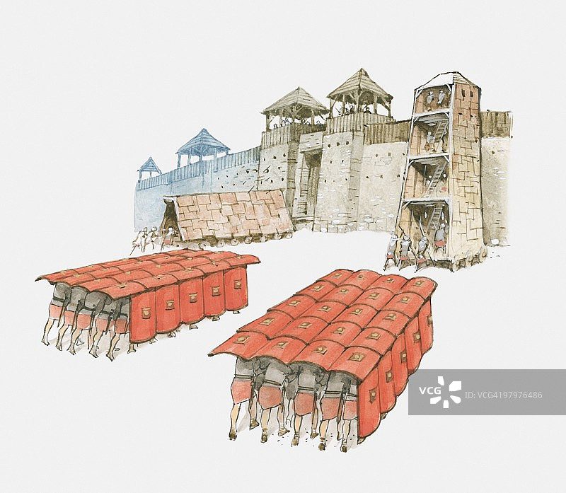 罗马士兵组成龟甲阵并使用攻城塔攻击防御墙的插画图片素材