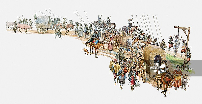 1618年三十年战争期间穿越德国的大型散兵游勇军队，逃兵被公开绞死图片素材