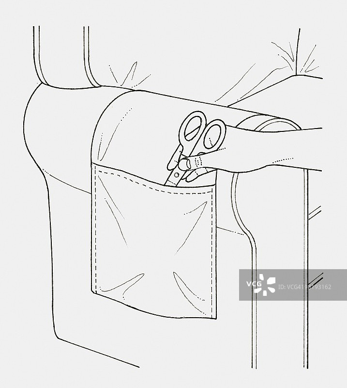 手将剪刀放入搭在扶手椅上的帆布口袋里的黑白插画图片素材