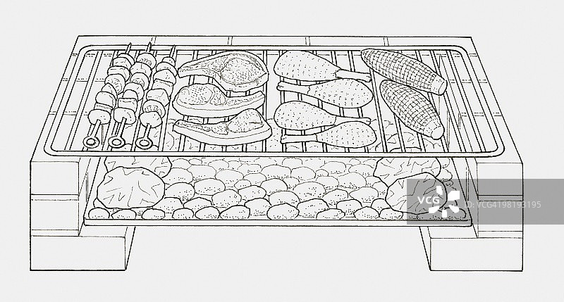 烤肉串、牛排和鸡腿玉米棒黑白插画图片素材