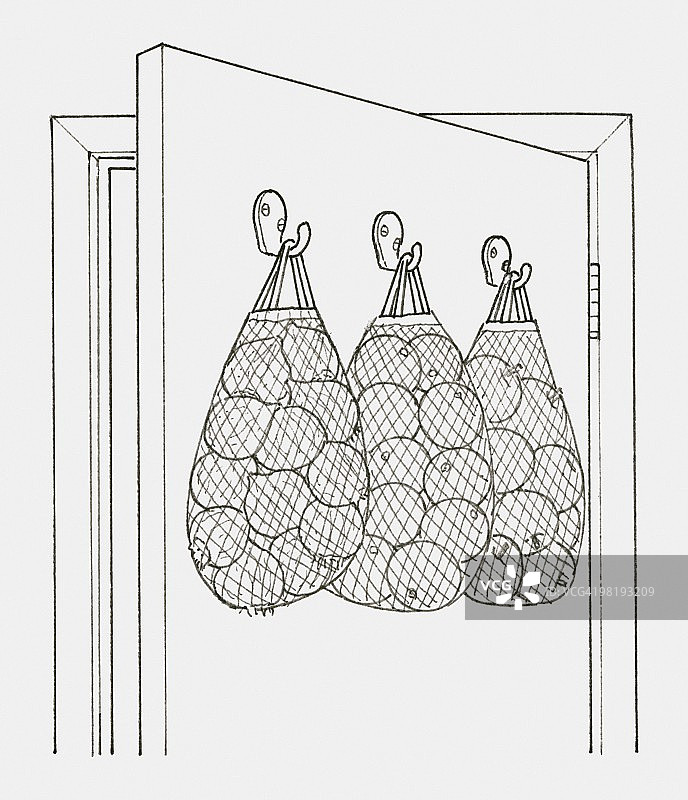 挂在门后的挂钩上装满水果和蔬菜的网兜黑白插画图片素材