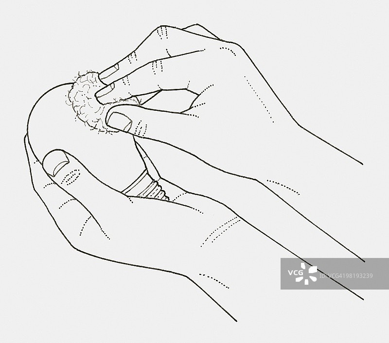 用蘸有工业酒精的棉花擦拭灯泡的黑白插画图片素材