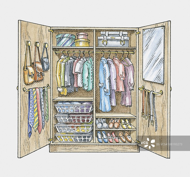打开的衣柜，展示着镜子、衣服、鞋子、手提箱、包和盒子，排列有序图片素材