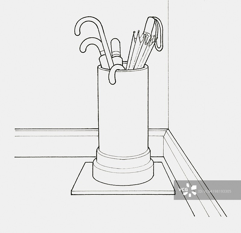 黑白插画：雨伞收纳在放在瓷砖上的旧陶管里图片素材