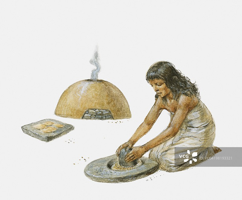 女人磨玉米制作无酵饼图片素材