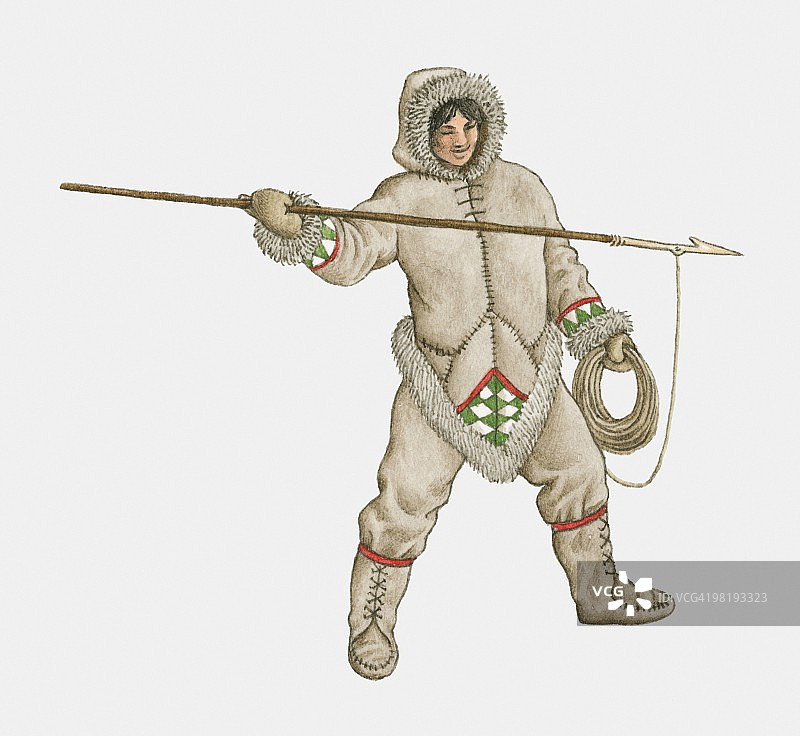 手持鱼叉的古代图勒族猎人插画图片素材