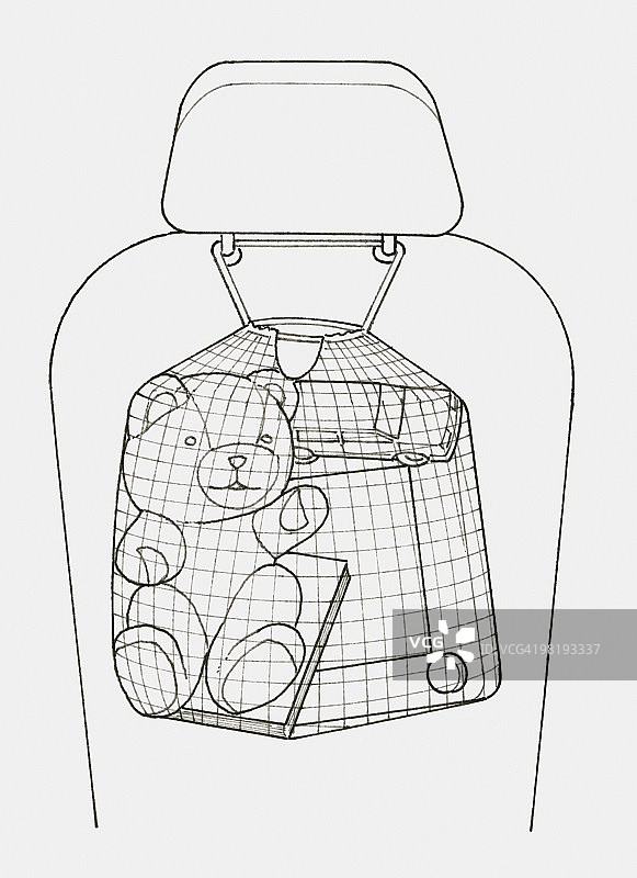 黑白插画：装满玩具的网兜挂在汽车座椅后背上图片素材