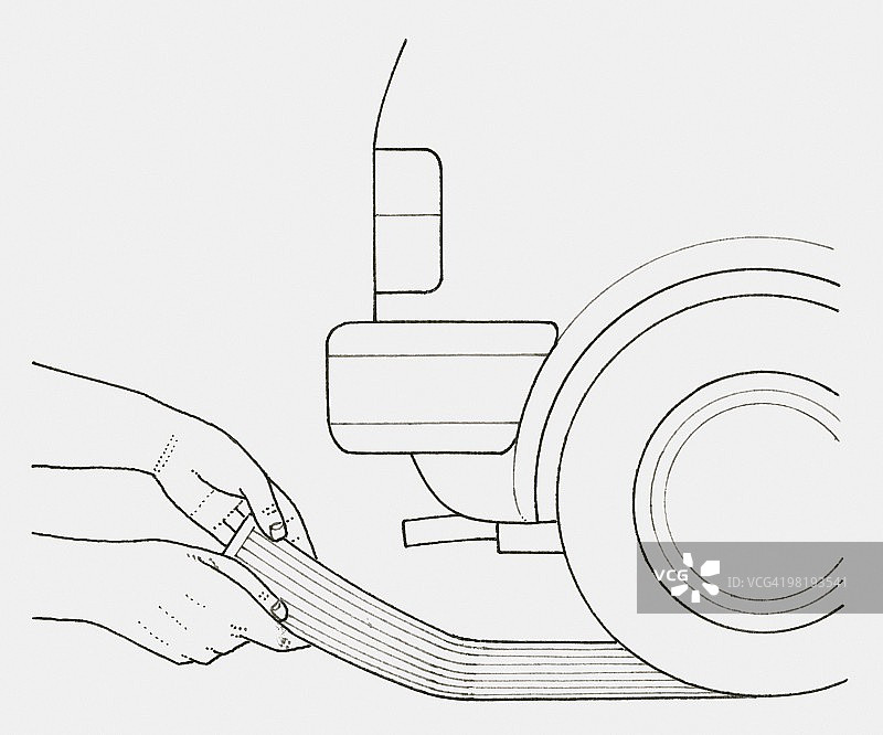 在雪地里使用汽车橡胶脚垫为轮胎提供额外抓地力的黑白插画图片素材