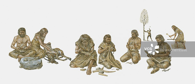 一群史前人类制造和使用原始工具，包括手斧、石器图片素材