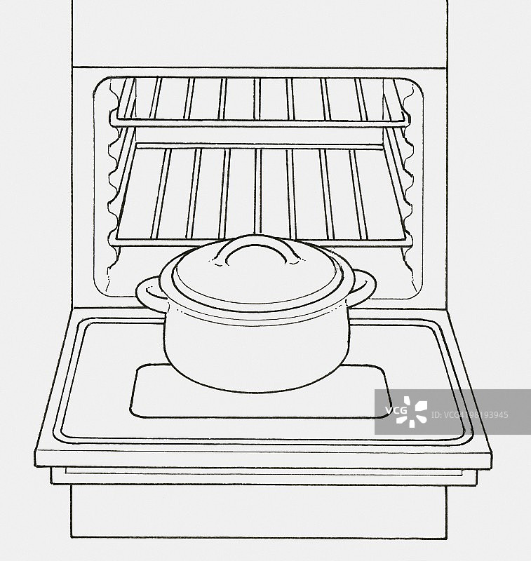 打开的烤箱前砂锅菜的黑白插图图片素材