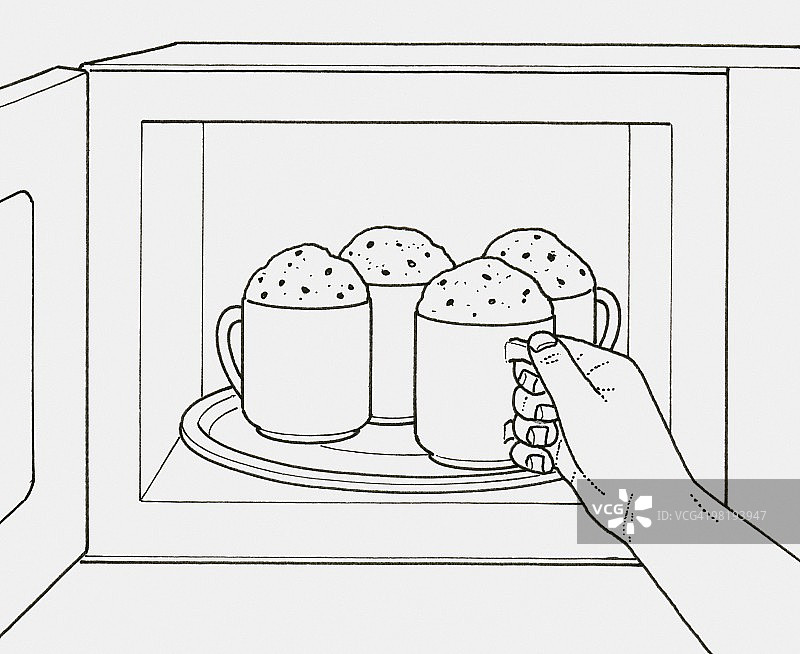 从微波炉中取出奶泡杯的黑白插画图片素材