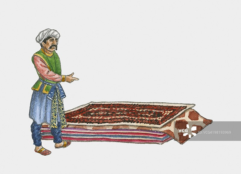 萨非王朝男子指向波斯地毯堆插画图片素材