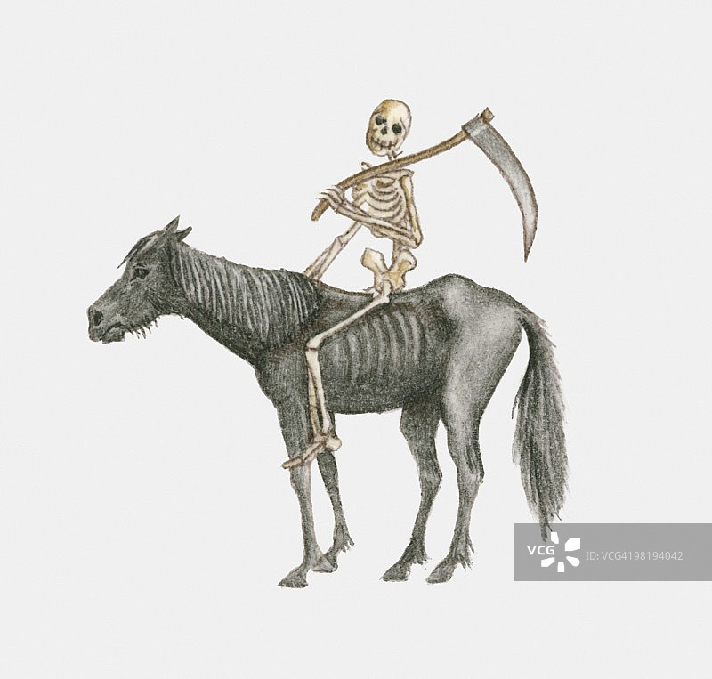 骑在黑色瘦马上的死神插画图片素材