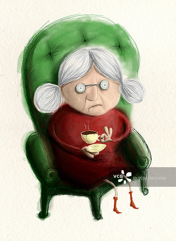 奶奶在绿色扶手椅上喝咖啡图片素材