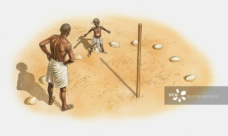 站在早期日晷旁的男人和男孩插画：使用标杆，古埃及图片素材