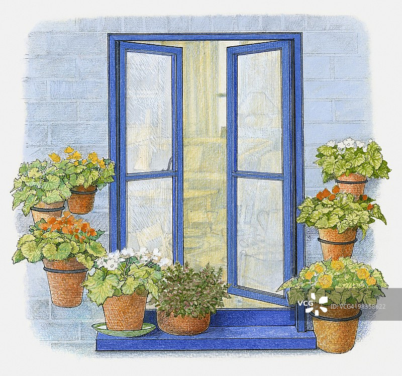 窗台花盆与墙面金属环花饰插画图片素材