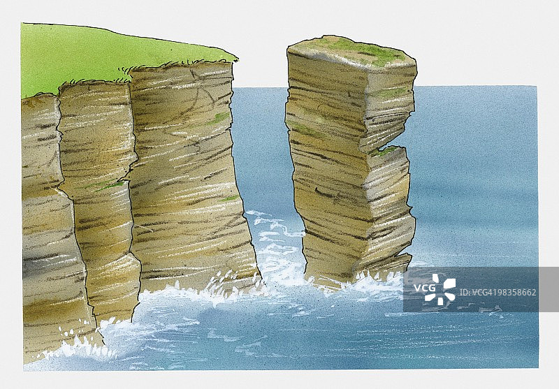 海洋和海岸线上堆叠的岩石柱插画图片素材