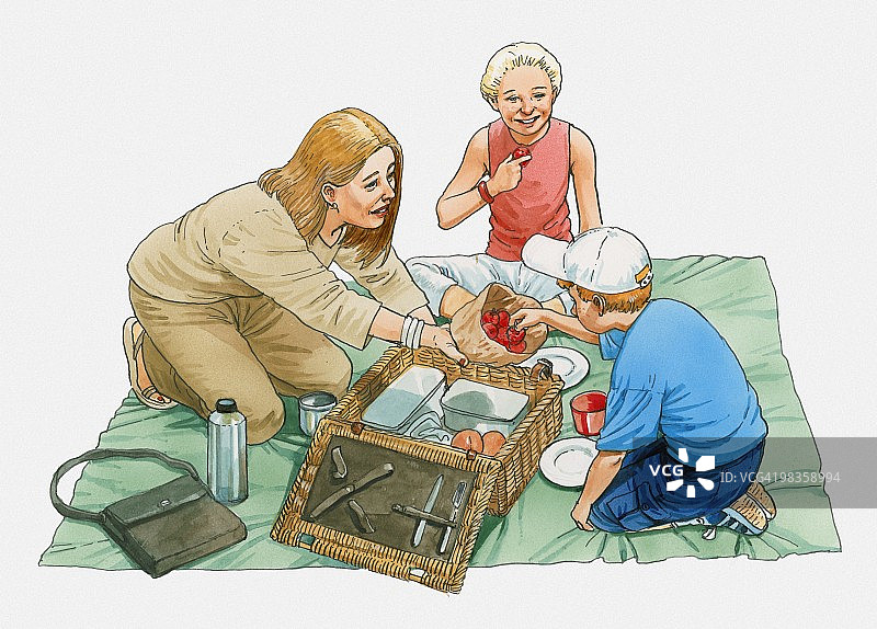 女人和两个孩子坐在野餐毯上的插画，男孩从女人拿着的纸袋里拿水果图片素材