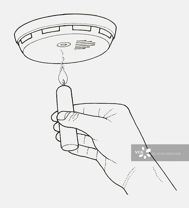 黑白插画：手持点燃的蜡烛，下方是烟雾探测器图片素材