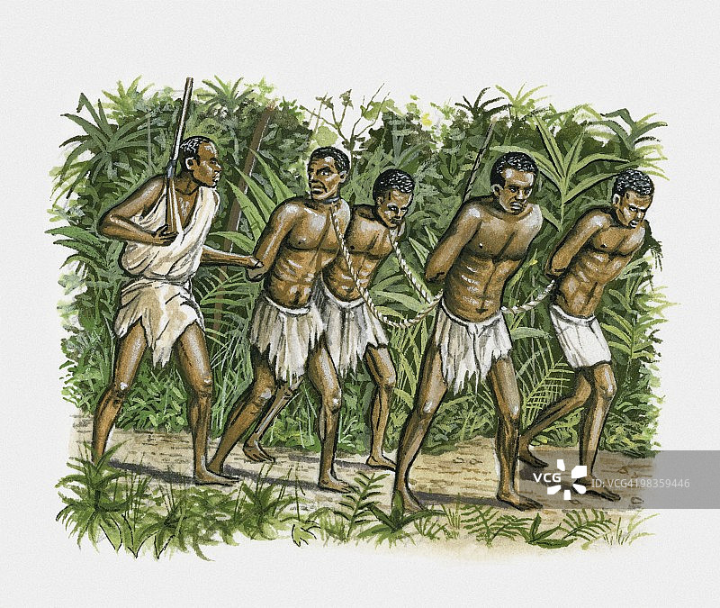男人和被锁在一起的四个奴隶插画图片素材