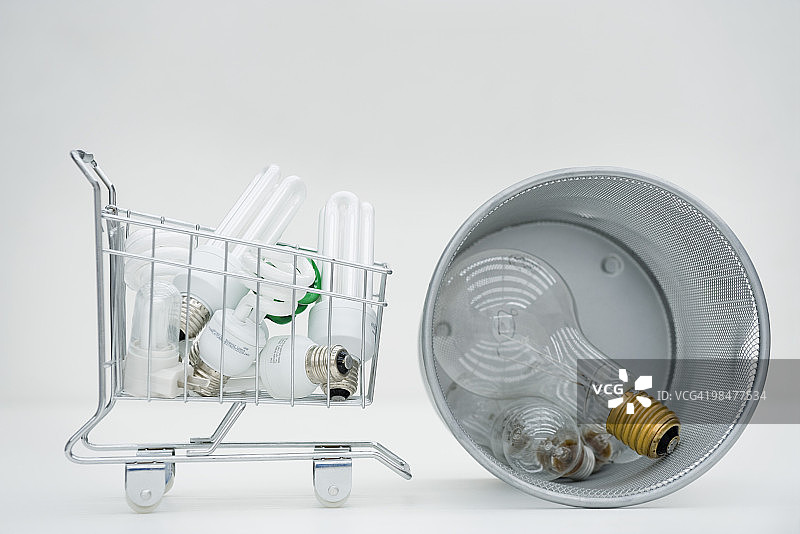 包含节能灯泡的购物车，旁边是包含传统灯泡的垃圾桶图片素材