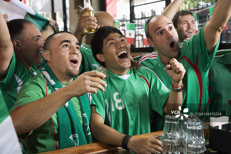 在体育酒吧看电视欢呼的男人们图片素材