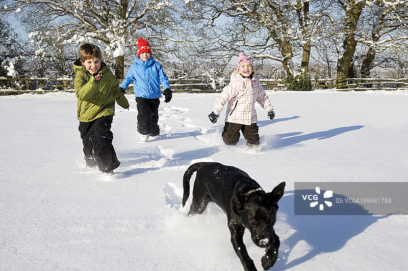 孩子们和小狗在雪地里奔跑图片素材