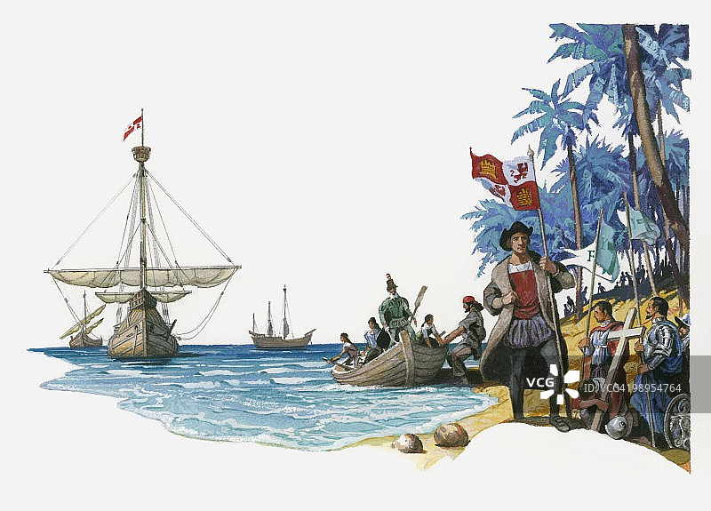 克里斯托弗·哥伦布抵达海岛插画图片素材