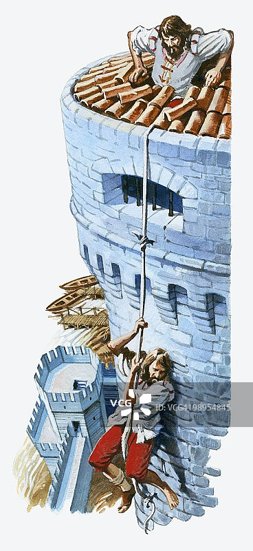 切利尼用床单制成的绳索从罗马堡垒监狱逃脱插画图片素材