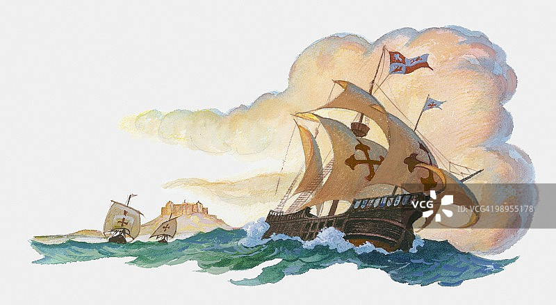 克里斯托弗·哥伦布的圣玛利亚号船插画图片素材