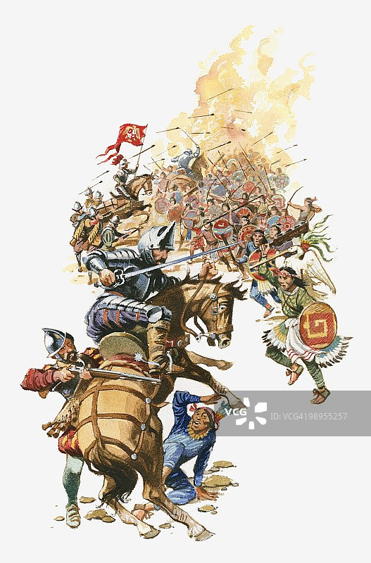 科尔特斯和他的士兵骑在马背上，挥舞着剑攻击阿兹特克战士，描绘特诺奇提特兰被围困的插画图片素材
