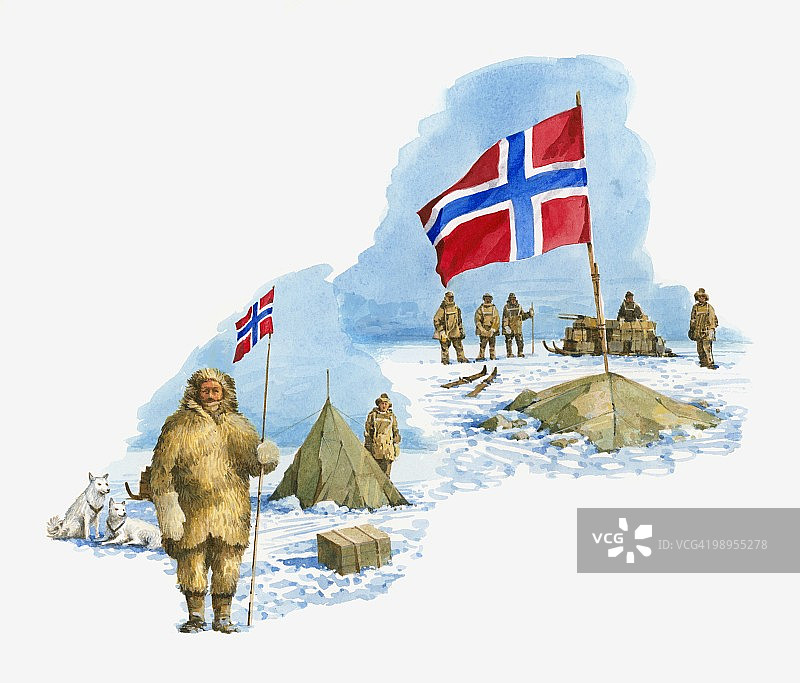 罗尔德·阿蒙森和队员在极地营地手持挪威国旗插画图片素材